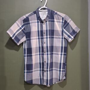 Jack & Jones Short-Sleeve Blue and White Plaid Button-Down Shirt